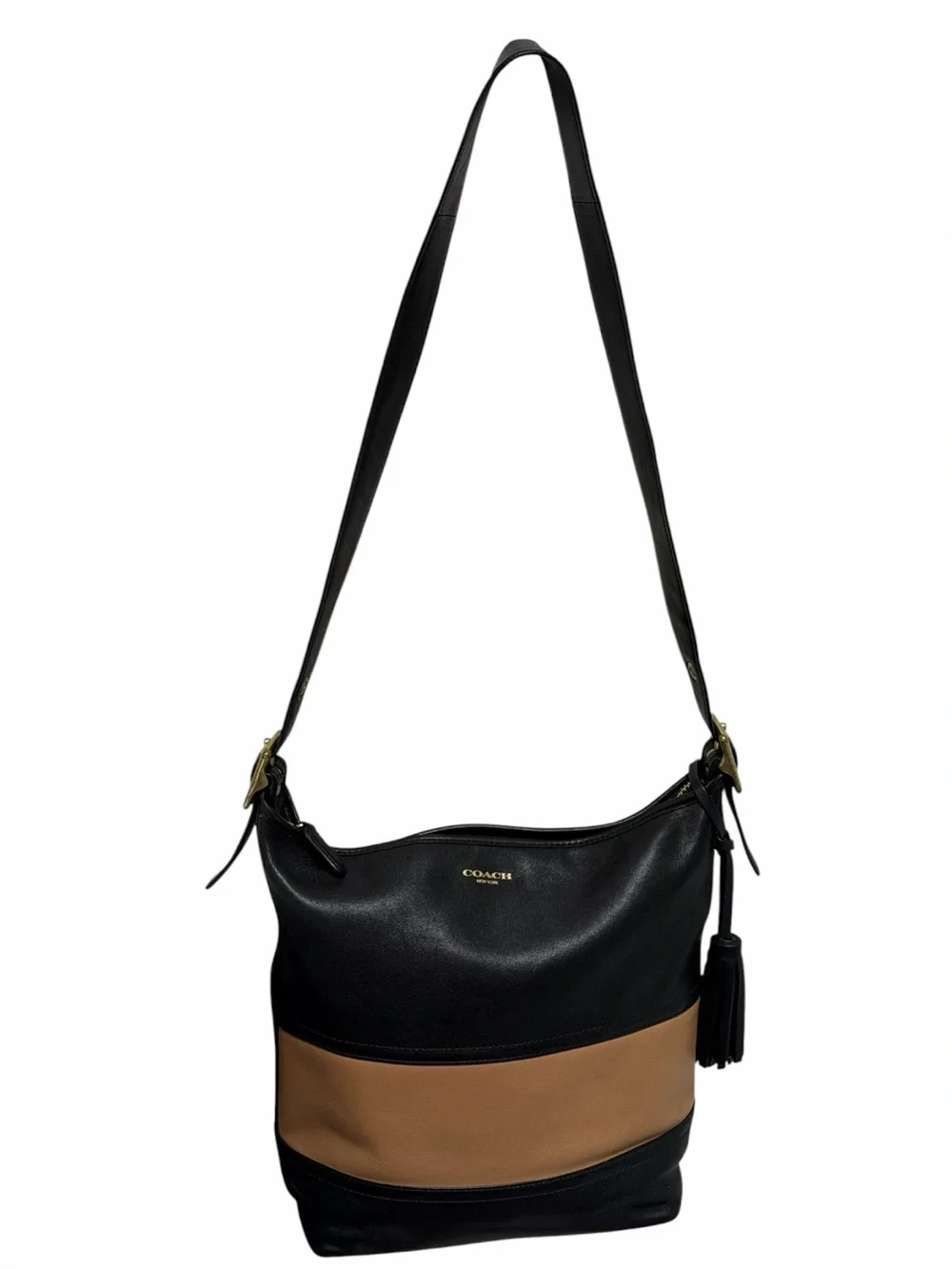 Coach Legacy Leather Colorblock Tassel Shoulder Crossbody Bag Black Tan Large